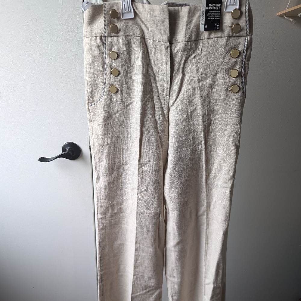 BNWT Atmosphere Khaki Linen Pants with Gold Accents